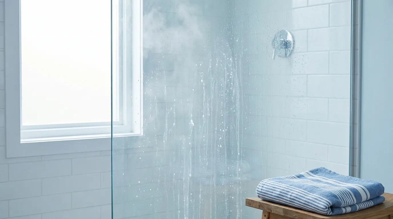 Limescale streaks and water droplets on a glass shower screen caused by hard water in a UK bathroom